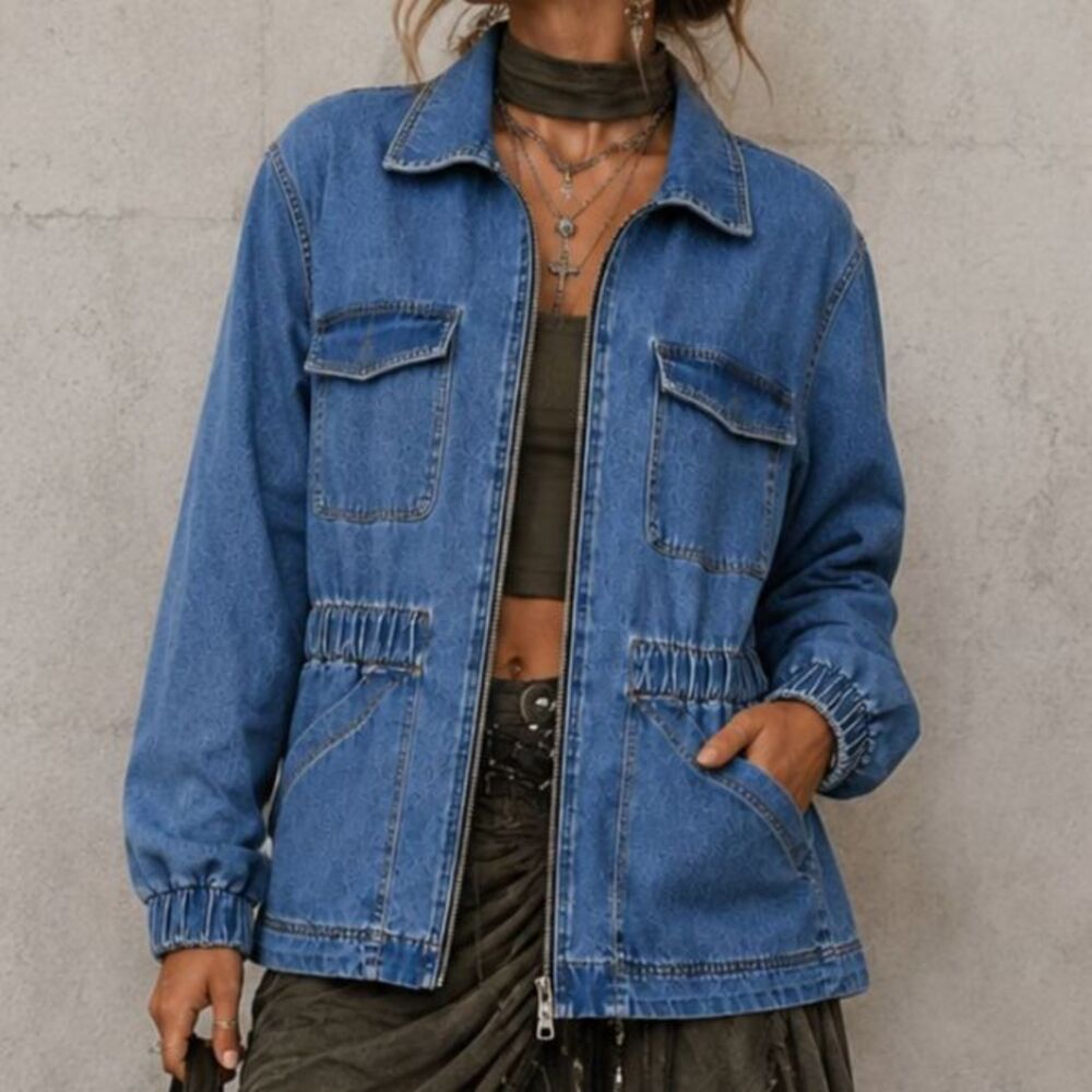 Knox Rose Denim Utility Jacket Zip Front Lightweight Cargo